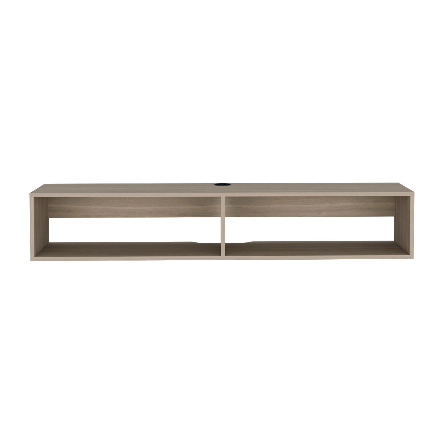 The Moore Floating TV Stand is a modern, wall-mounted, rectangular unit in a light wood finish, featuring two open shelves and a circular cable management hole at the back.
