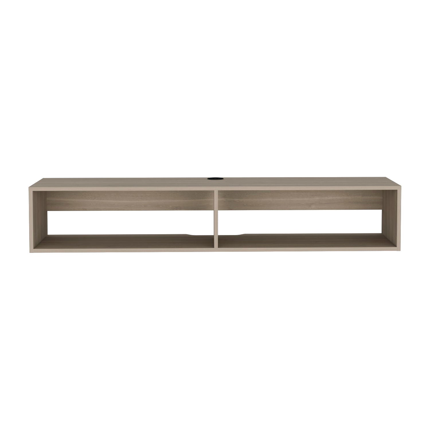 The Moore Floating TV Stand is a modern, wall-mounted, rectangular unit in a light wood finish, featuring two open shelves and a circular cable management hole at the back.
