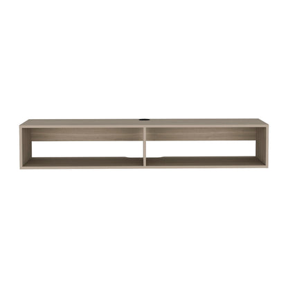 The Moore Floating TV Stand is a modern, wall-mounted, rectangular unit in a light wood finish, featuring two open shelves and a circular cable management hole at the back.