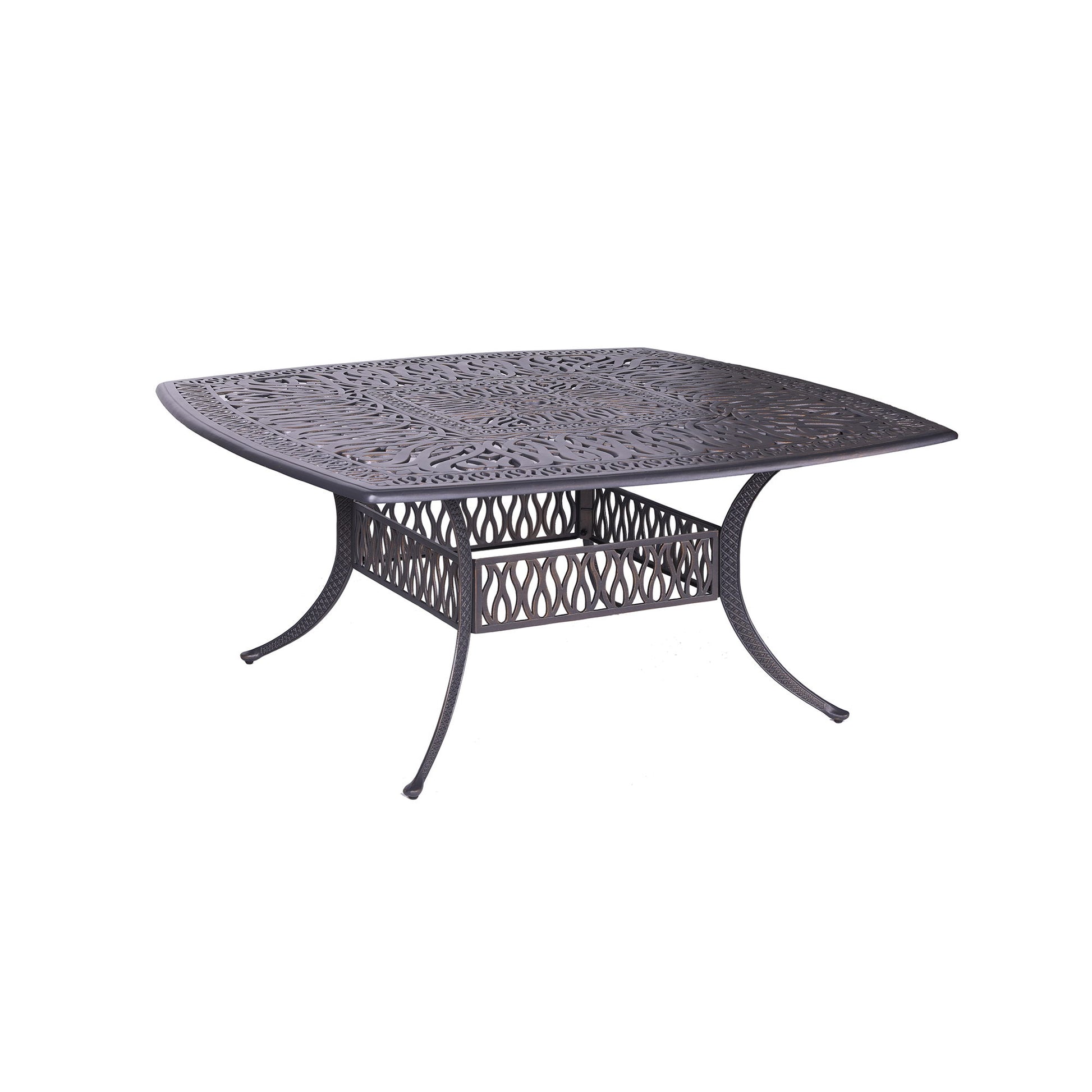 A Square 8 Person 64" Long Aluminum Dining Set With Cushions, featuring a metal frame with curved legs and ornate cut-out patterns on the tabletop and lower shelf, is shown against a white background.