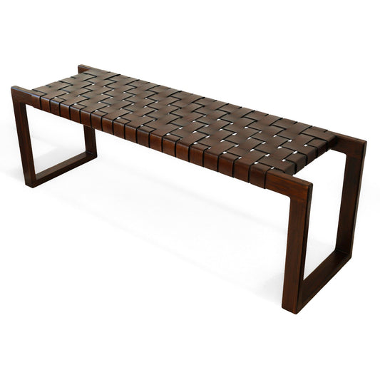 The Christina Leather Bench features a modern rectangular wooden frame and a seat crafted from wide cognac, dark brown, and tan leather straps in a basketweave pattern.