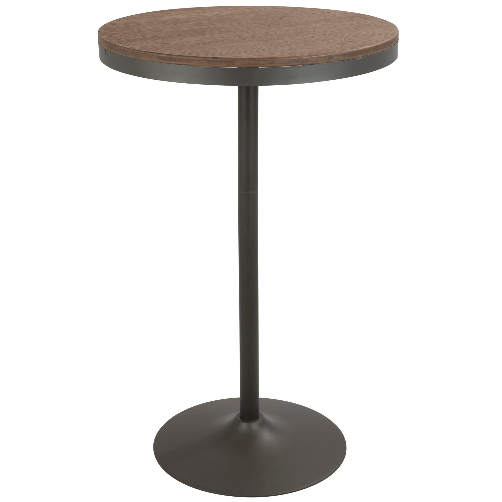 The Dakota - Industrial Adjustable Bar Dinette Table features a round wooden top, a single black metal pedestal base with a circular foot, and a modern, minimalist industrial design.