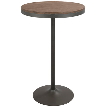 The Dakota - Industrial Adjustable Bar Dinette Table features a round wooden top, a single black metal pedestal base with a circular foot, and a modern, minimalist industrial design.