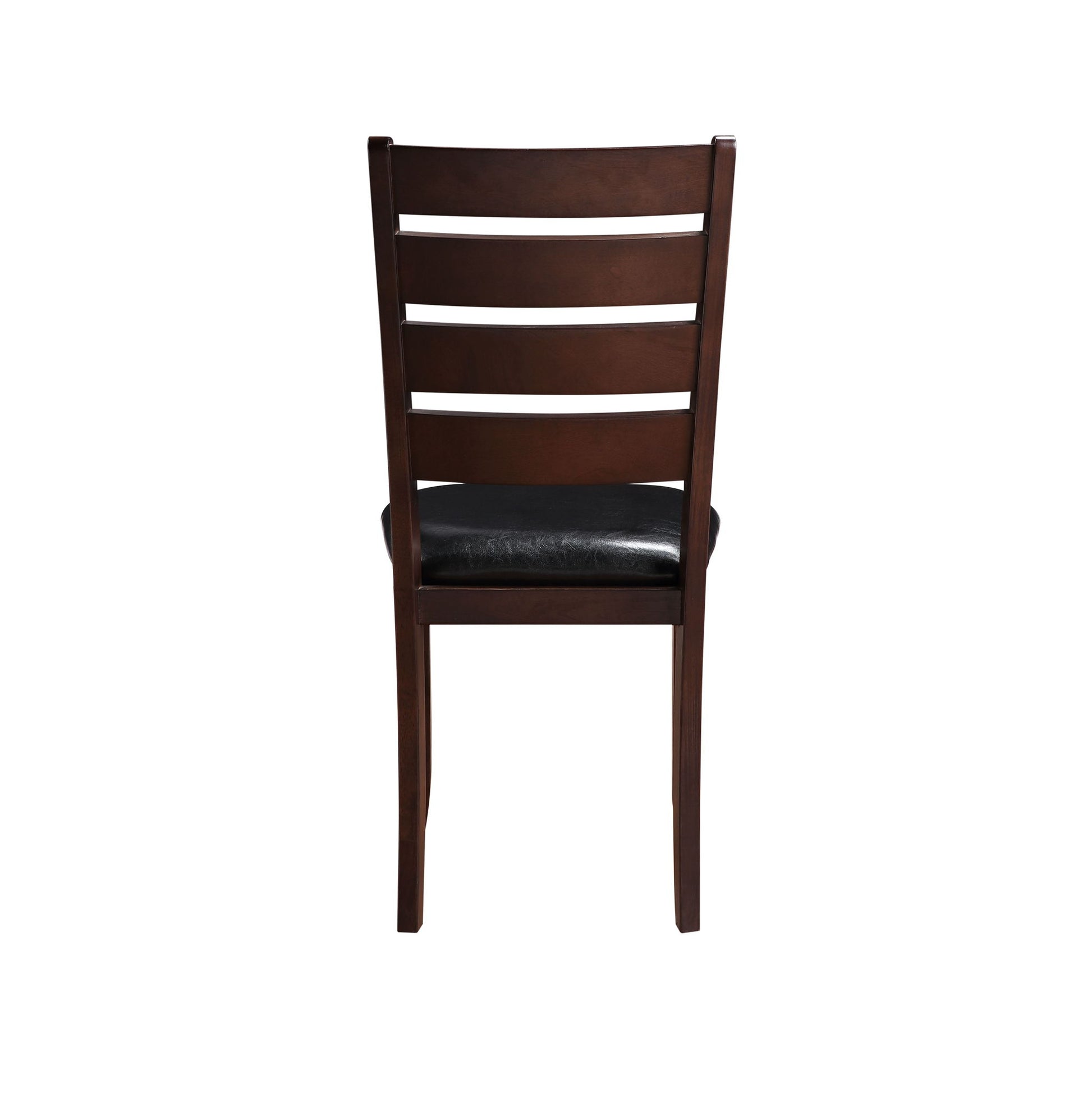 The Urbana Synthetic Leather Side Chair (Set of 2) features a ladder-back design, dark brown wooden finish, and a black cushioned seat, shown from the back against a white background.