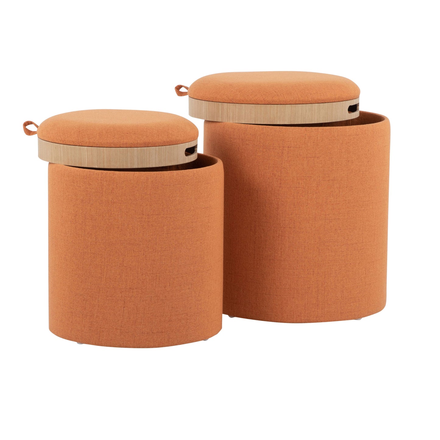 The Tray - Contemporary Nesting Ottoman Set includes two round, orange ottomans with matching fabric, removable lids featuring light wooden edges and fabric handles, and hidden storage. One ottoman is taller than the other.