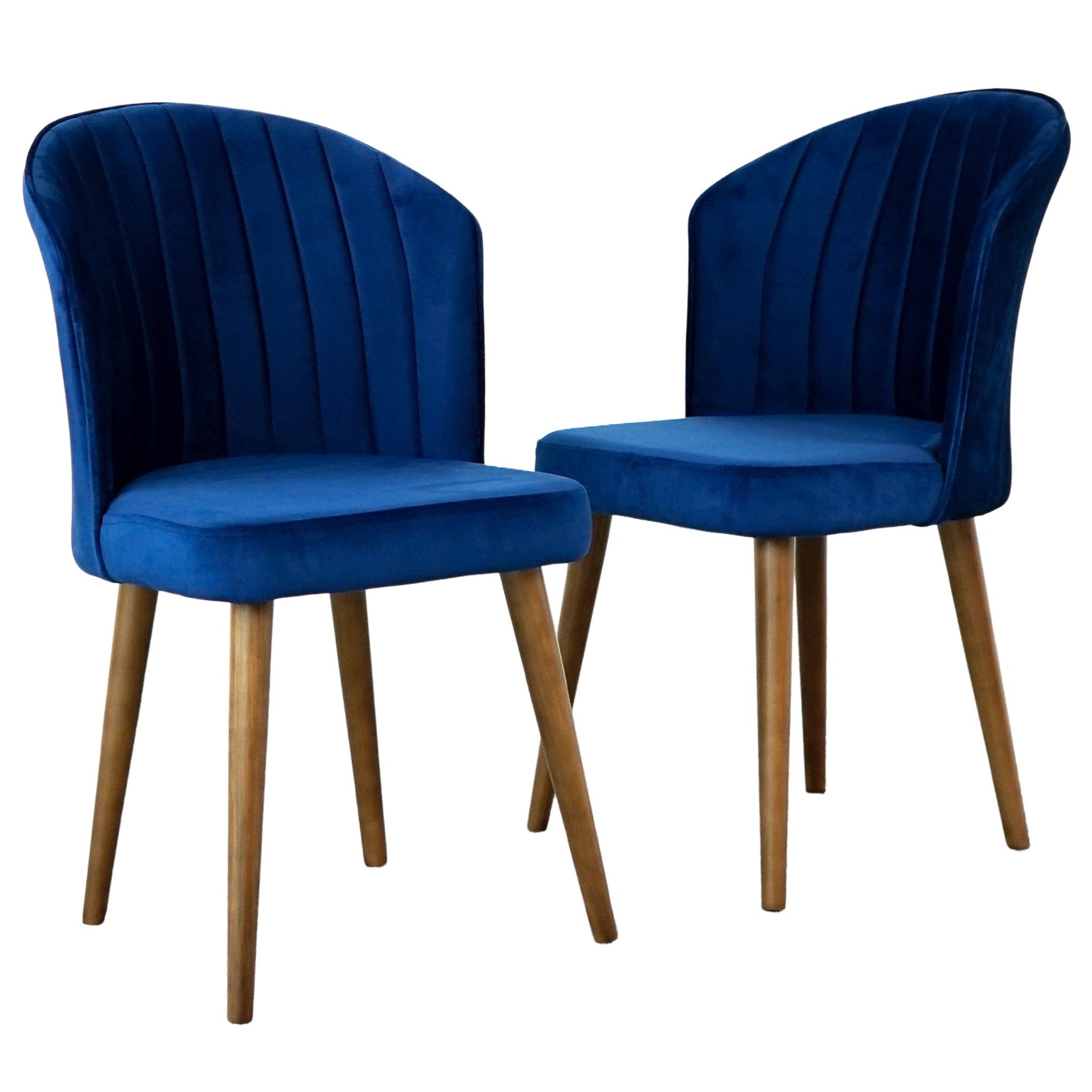 The Parsons Comfortable Dining Chair (Set of 2) features blue velvet upholstery, curved backs with vertical stitching, and light wooden legs, arranged slightly facing each other against a white background.