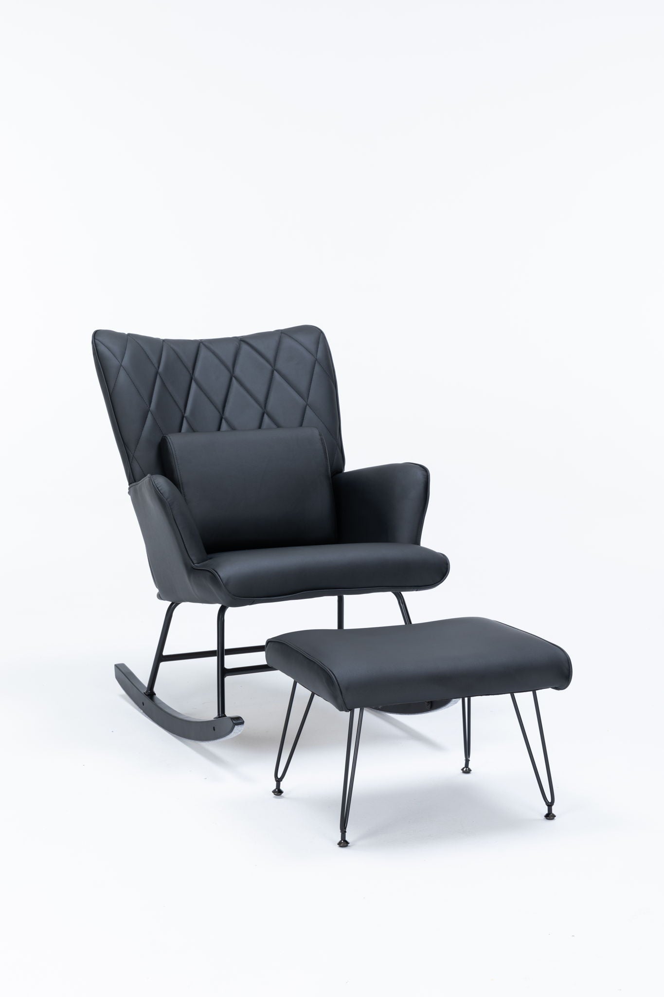 The Rocking Accent Chair With Lumbar Pillow And Ottoman features modern black diamond-patterned upholstery and thin metal legs, shown against a plain white background.