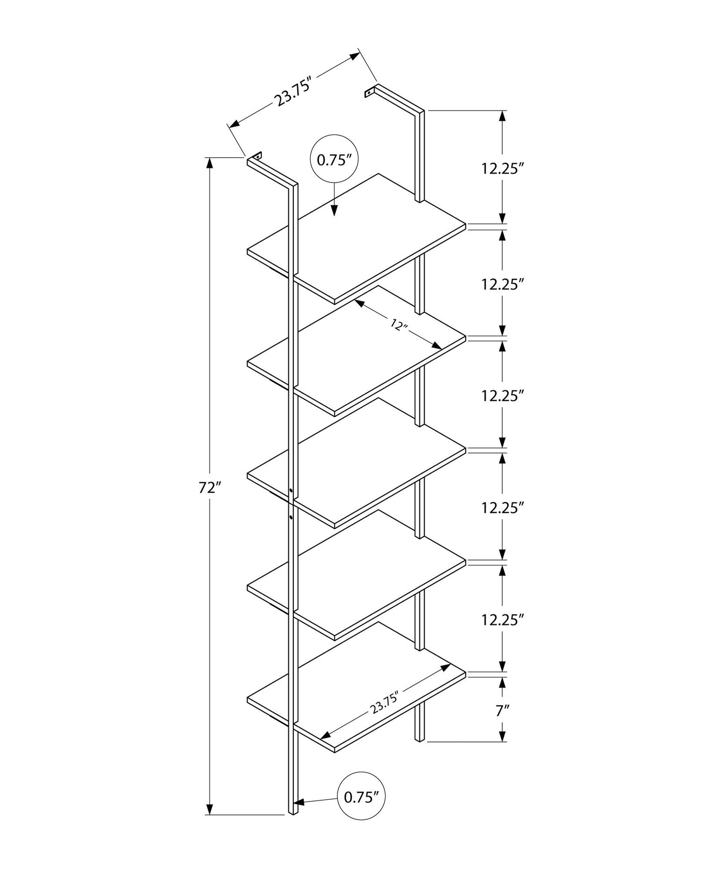 Isometric diagram of the Etagere Bookcase Ladder 5 Tier for Office: 72" tall unit with five shelves, each 23.75" wide x 12" deep, shelves spaced 12.25" apart, 0.75" thick, and the bottom shelf is 7" above the floor.