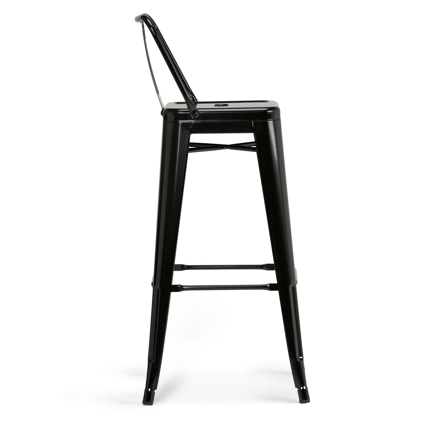 The Rayne Multifunctional Metal Stool is shown in profile against a white background, featuring a black finish, tall square seat, four long legs, a low rectangular backrest, and a convenient footrest bar.