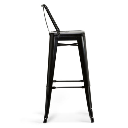 The Rayne Multifunctional Metal Stool is shown in profile against a white background, featuring a black finish, tall square seat, four long legs, a low rectangular backrest, and a convenient footrest bar.