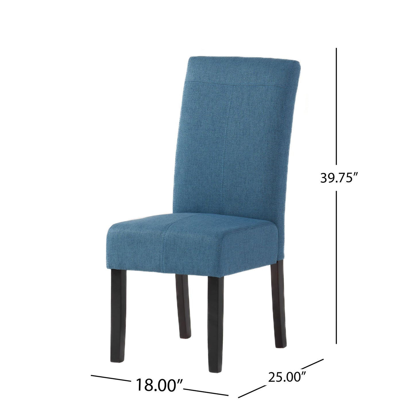The Pertica Dining Upholstered Armless Chairs (Set of 2) feature blue upholstery, dark wooden legs, and measure 39.75" H x 18" W x 25" D.