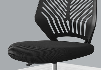 The Office Chair features an ergonomic design with adjustable height, a textured seat, and a ventilated patterned backrest in sleek black, set against a gray background.