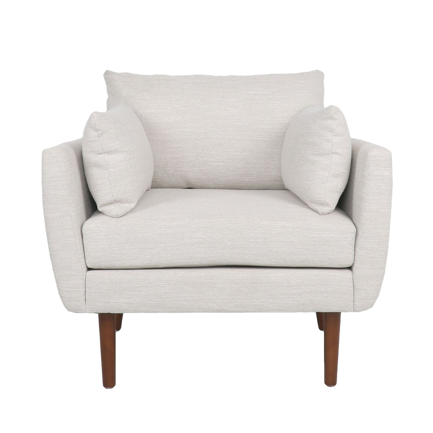 The Luminate Upholstered Fabric Club Chair features a modern, minimalist beige design with two accent pillows, a cushioned backrest, and tapered wooden legs.