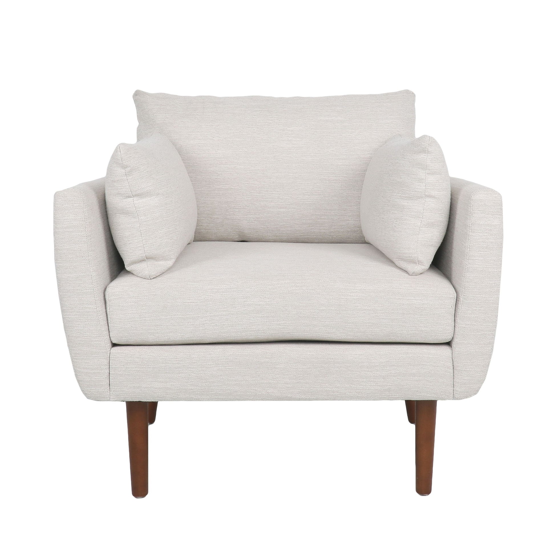 The Luminate Upholstered Fabric Club Chair features a modern, minimalist beige design with two accent pillows, a cushioned backrest, and tapered wooden legs.