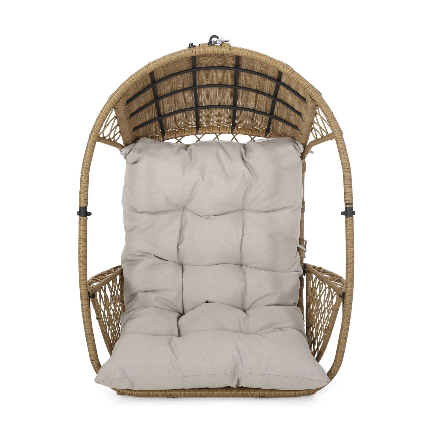 The Malia Wicker Hanging Chair features a dome-shaped frame and a thick tufted beige cushion on the seat and backrest, perfect for comfortable indoor or outdoor lounging.