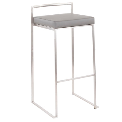 The Fuji Stackable Barstool features a contemporary, elegant design with a thin metal frame, simple rectangular backrest, and a square light gray cushioned seat for minimalist style.