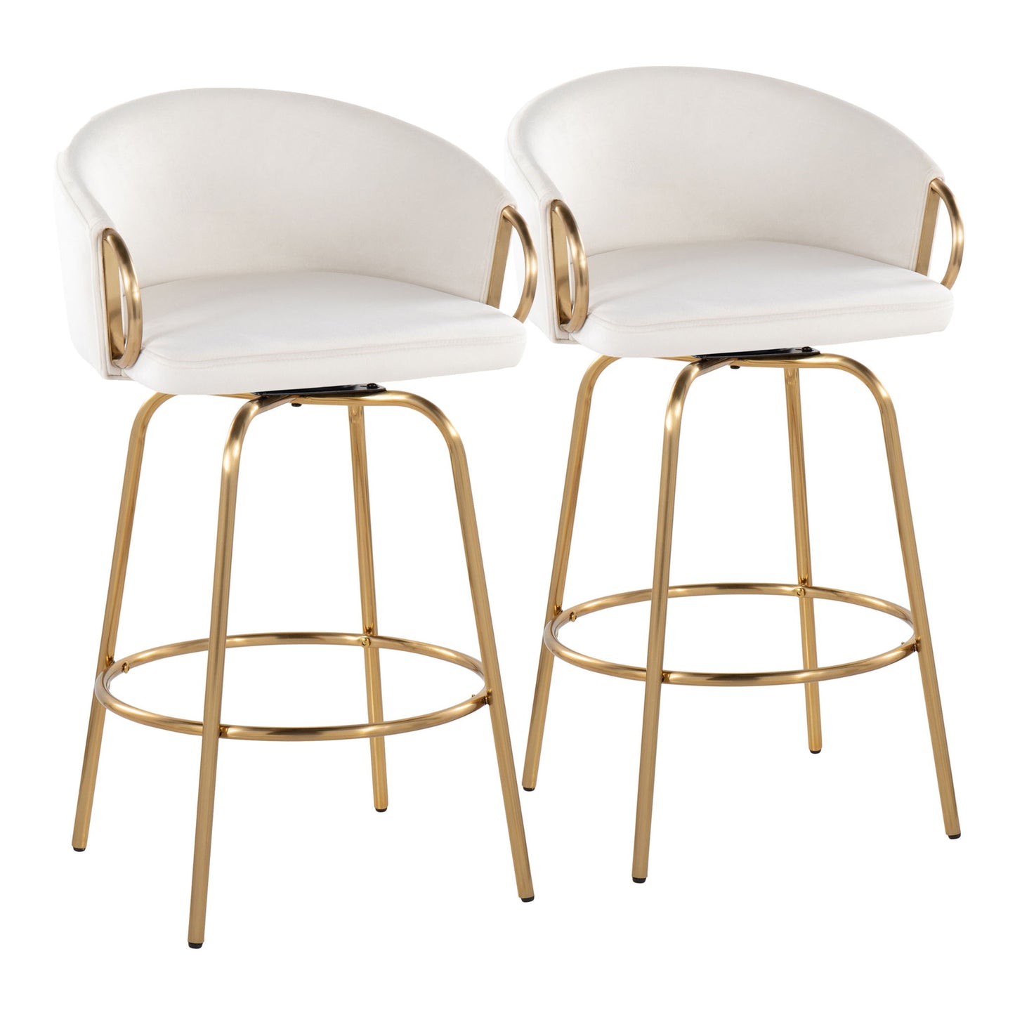 The Claire - Contemporary & Glam Counter Stool (Set of 2) features white upholstered seats and backs, gold metal armrests, and four gold legs with a circular footrest for a modern, stylish look.