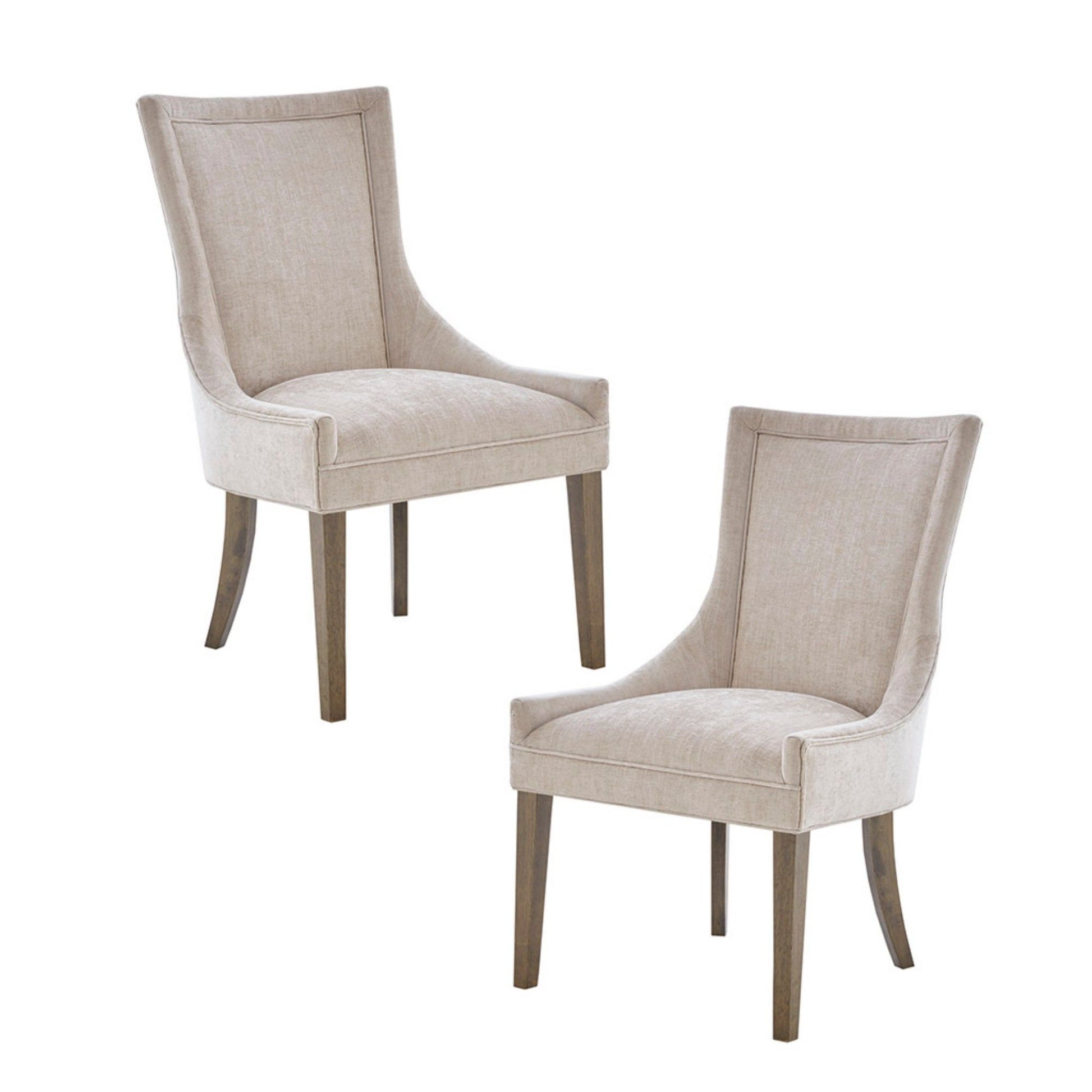 Set of 2 Ultra - Elegant Dining Side Chairs in beige upholstery with curved backs and wooden legs, shown on a white background.
