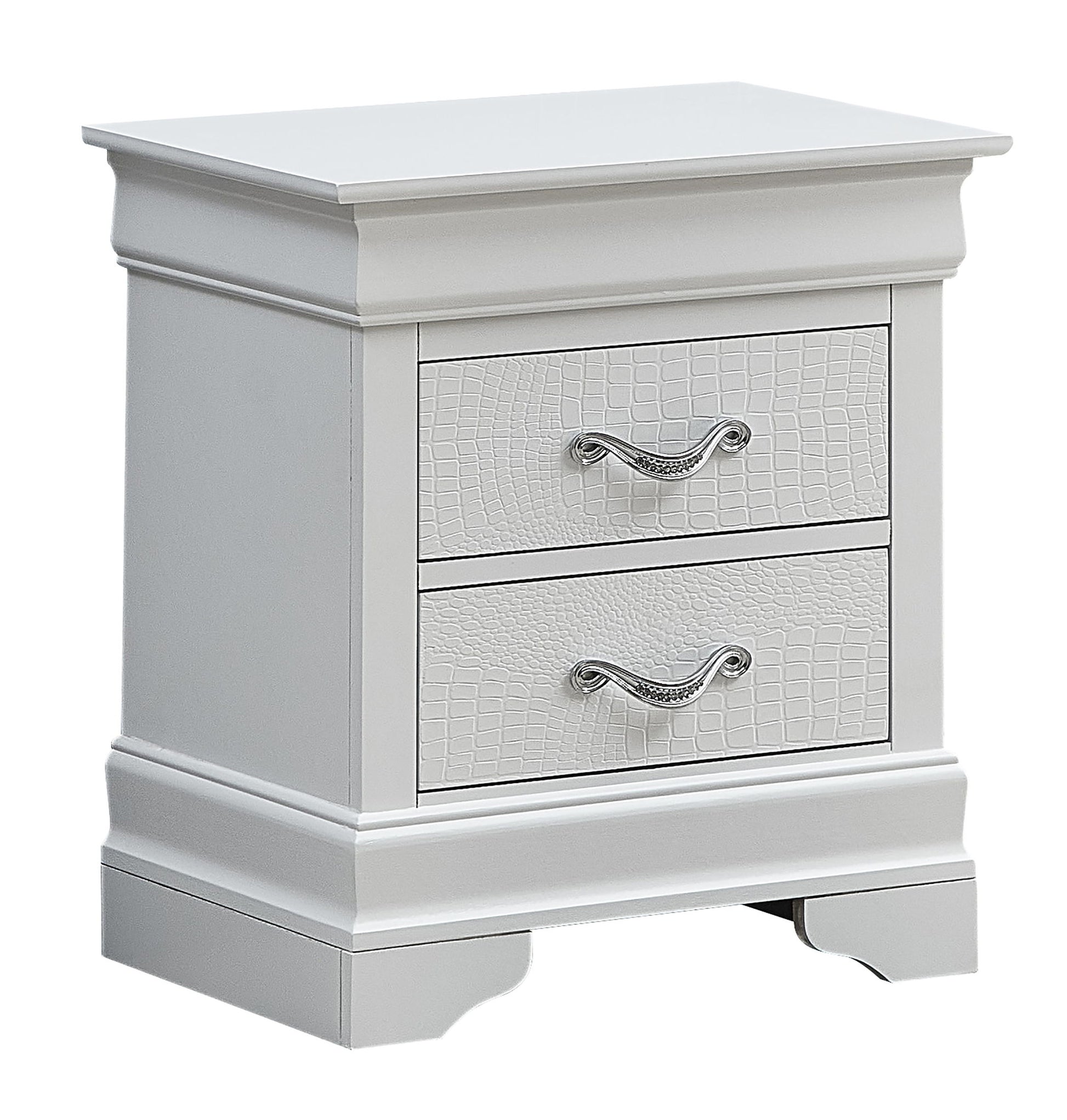 The Lorana Nightstand is a white wooden piece with two drawers that have textured fronts and curved silver handles, set on short decorative legs.