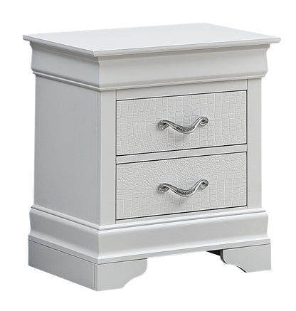 The Lorana Nightstand is a white wooden piece with two drawers that have textured fronts and curved silver handles, set on short decorative legs.