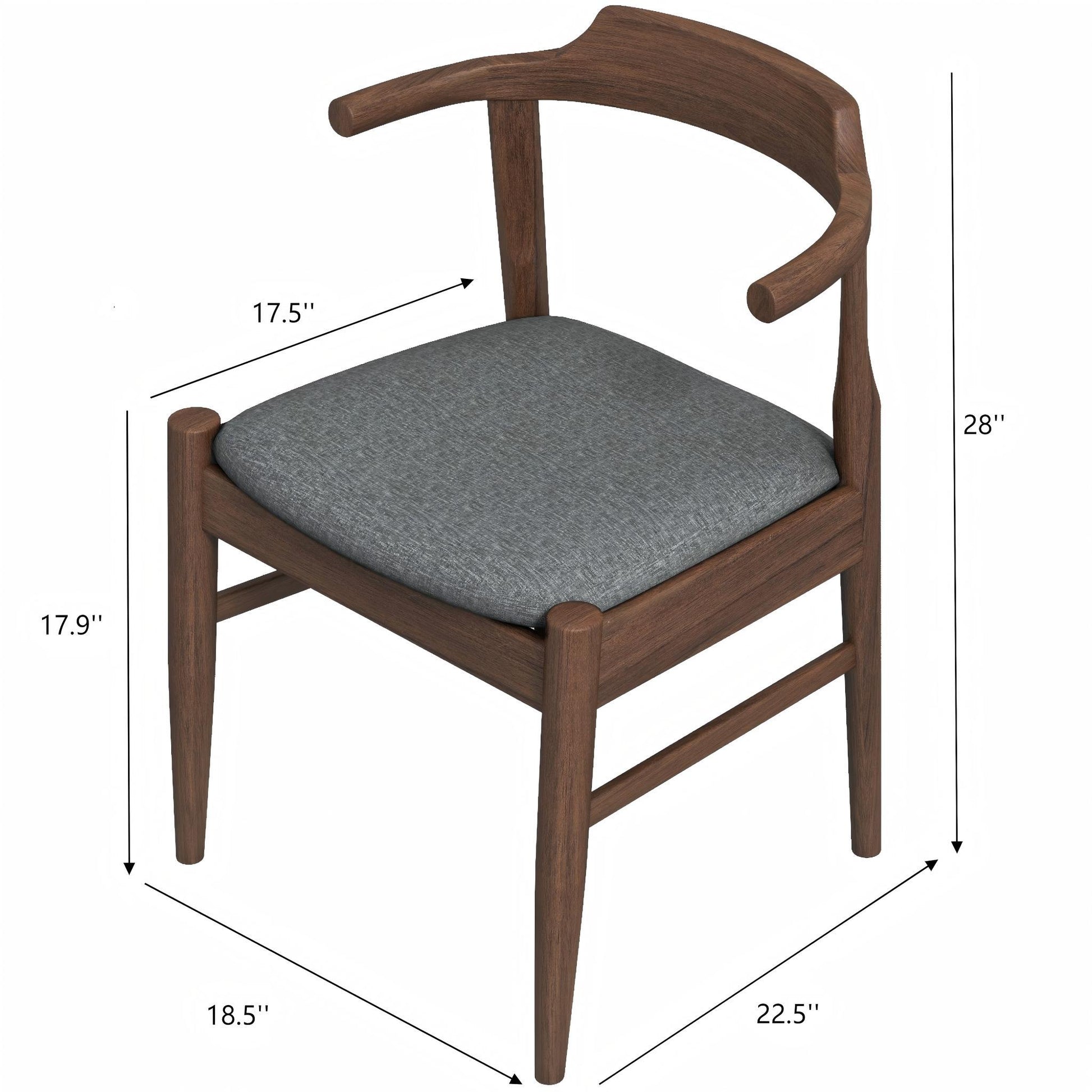 Dakota Mid-Century Modern Velvet Dining Chair (Set of 2) features a curved backrest, gray cushioned seat, and measures 28" tall, 22.5" wide, 18.5" deep, with a seat depth of 17.5" and height of 17.9".