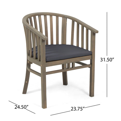 Outdoor Wooden Dining Chairs With Cushions (Set of 2) feature a barrel-style design with vertical slats, dark cushioned seats, and measure 31.5"H x 24.5"D x 23.75"W.