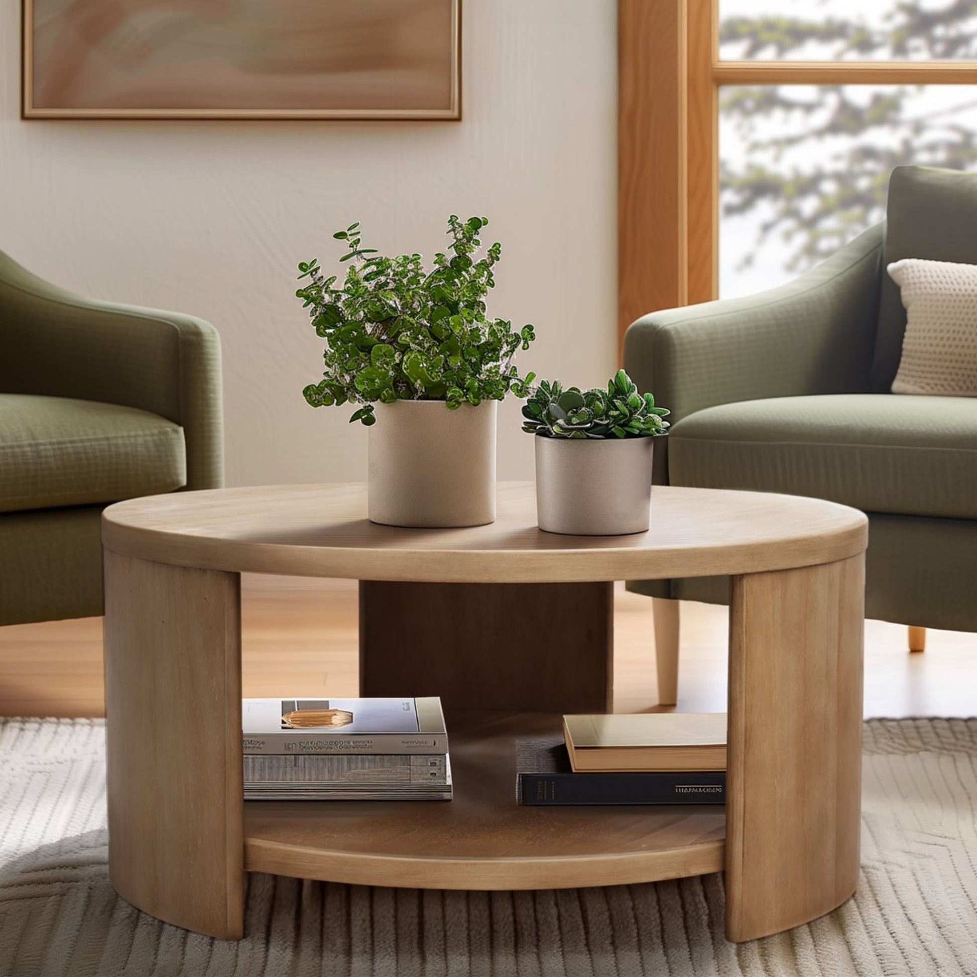 The Modern Minimalist Round Coffee Table With Shelf Storage - Natural sits between two green armchairs in a cozy, well-lit living room, with two potted plants on top and books neatly arranged on the lower shelf.