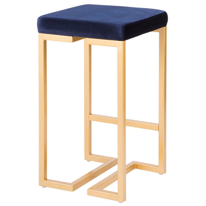 The Midas Contemporary/Glam Counter Stool (Set of 2) features a gold metal frame with clean lines, a geometric base, and square navy blue cushioned seats for a modern look.