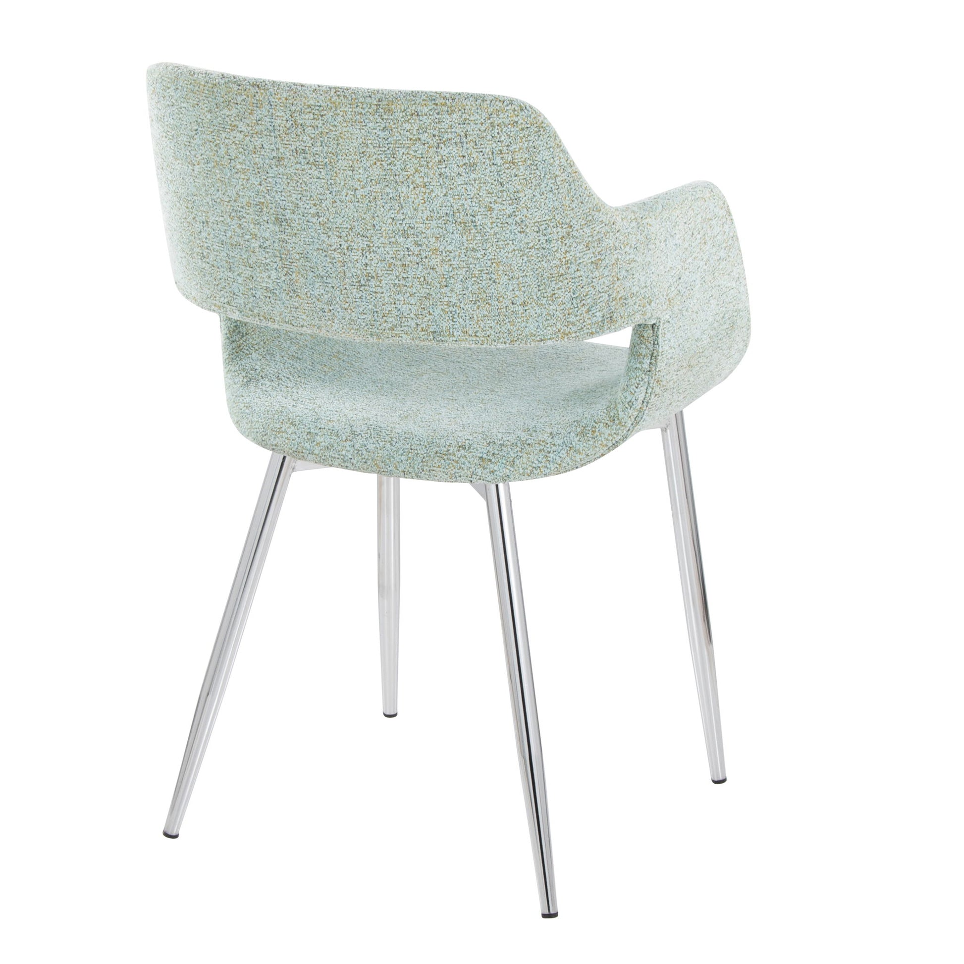 The Margarite - Contemporary Dining Chair (Set of 2) features a curved, light green upholstered seat and backrest with armrests and four slender, angled metal legs. Shown from a rear side angle against a white background.