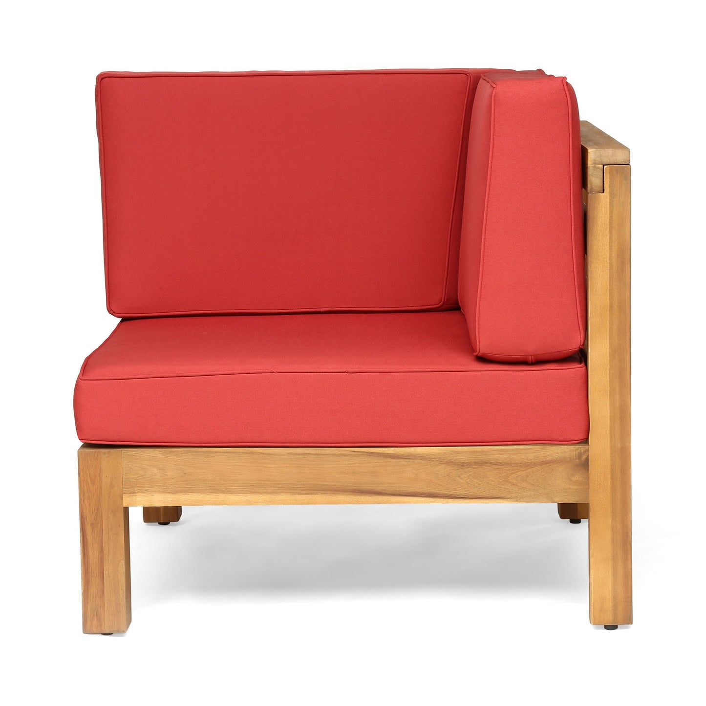 The Oana 2 Piece Loveseat Set features a wooden frame with thick, water resistant red cushions, suitable for both indoor and outdoor use.