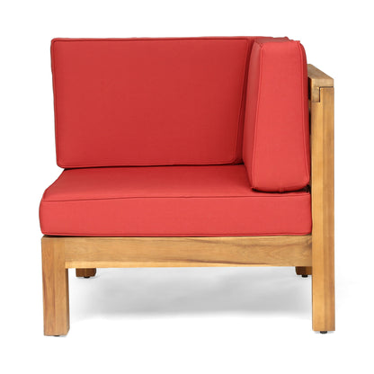 The Oana 2 Piece Loveseat Set features a wooden frame with thick, water resistant red cushions, suitable for both indoor and outdoor use.