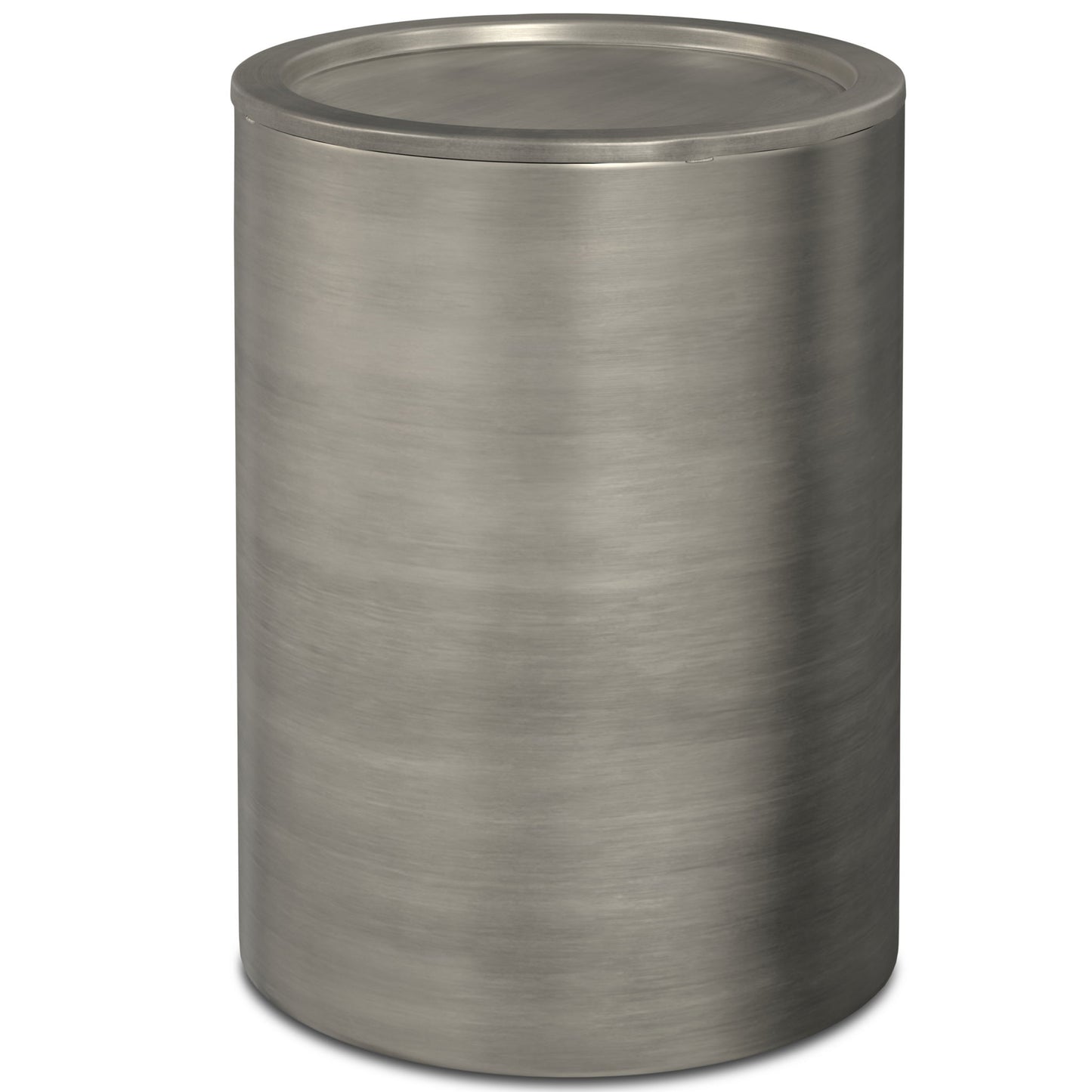 The Corbin - Handcrafted Metal Side Table features a brushed stainless steel cylindrical design with a flat, fitted lid, displayed against a plain white background.