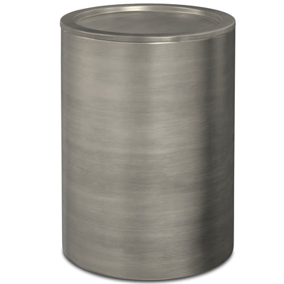 The Corbin - Handcrafted Metal Side Table features a brushed stainless steel cylindrical design with a flat, fitted lid, displayed against a plain white background.