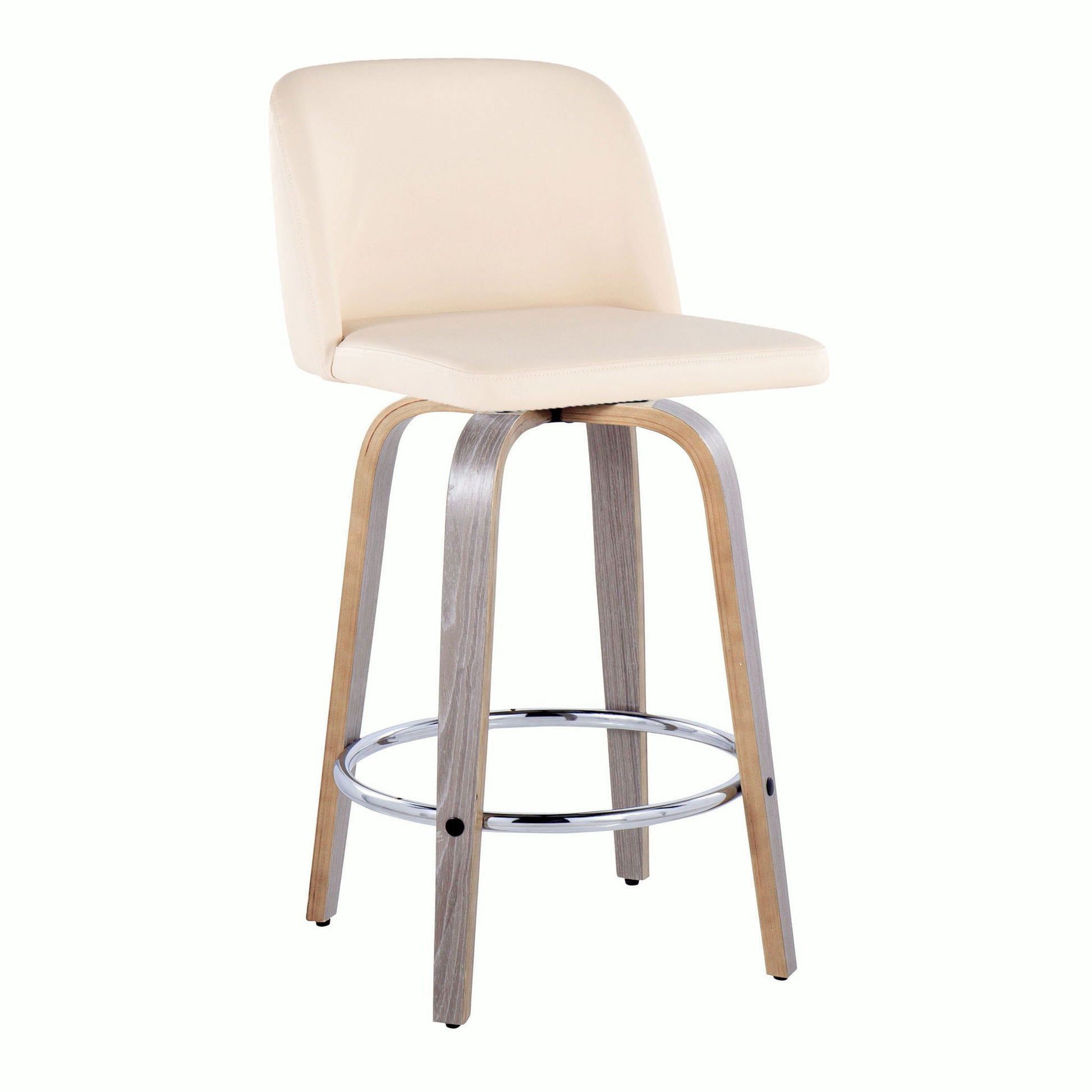 The Toriano Contemporary Fixed Height Counter Stool (Set of 2) features a light beige cushioned seat and backrest, curved wooden legs, a swivel design, and a round chrome footrest, shown against a plain white background.