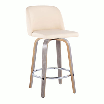 The Toriano Contemporary Fixed Height Counter Stool (Set of 2) features a light beige cushioned seat and backrest, curved wooden legs, a swivel design, and a round chrome footrest, shown against a plain white background.