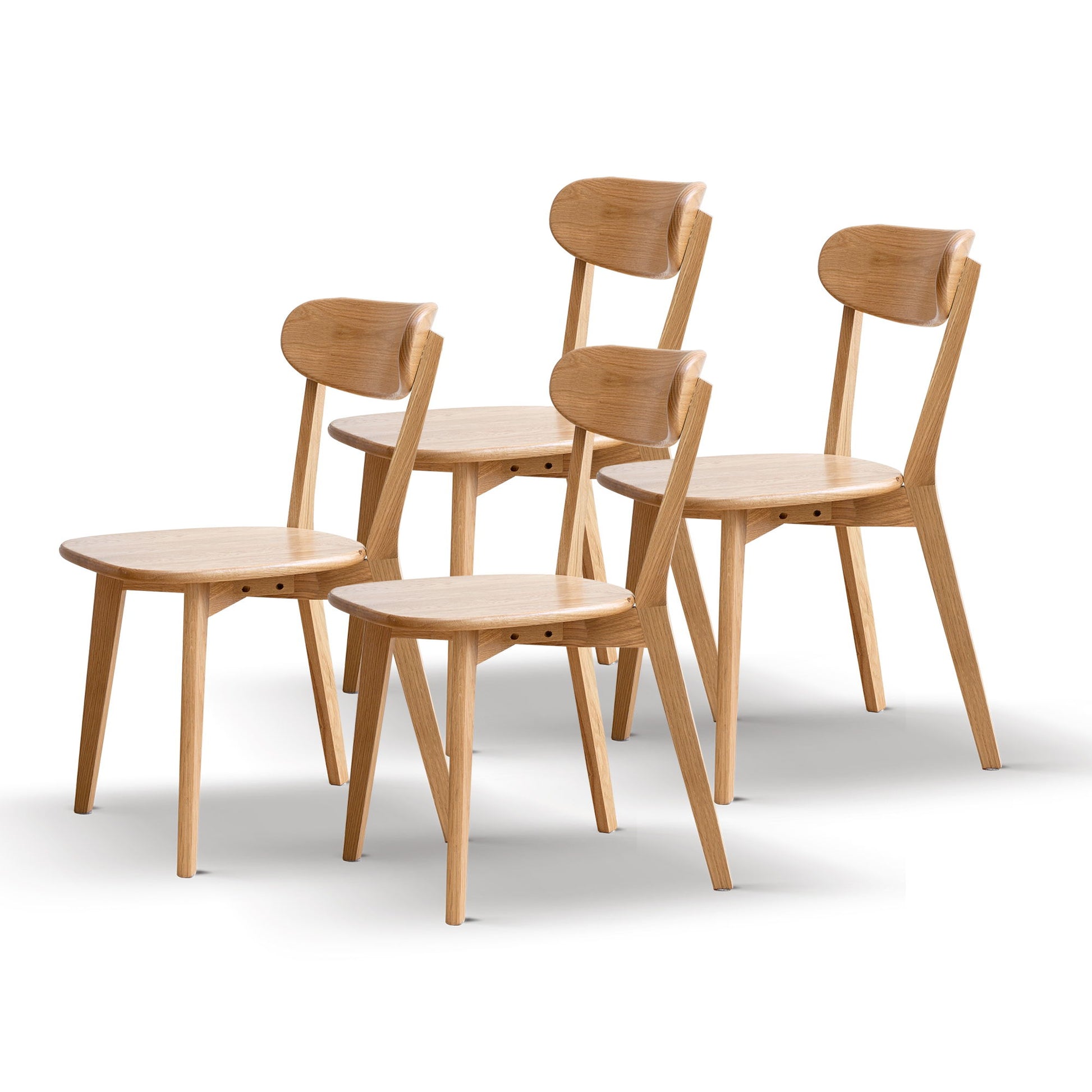 Four Simple Dining Chairs with curved backs and round seats, each with three legs and a modern design, are arranged in a staggered group on a white background. Solid chair table for living room chair.