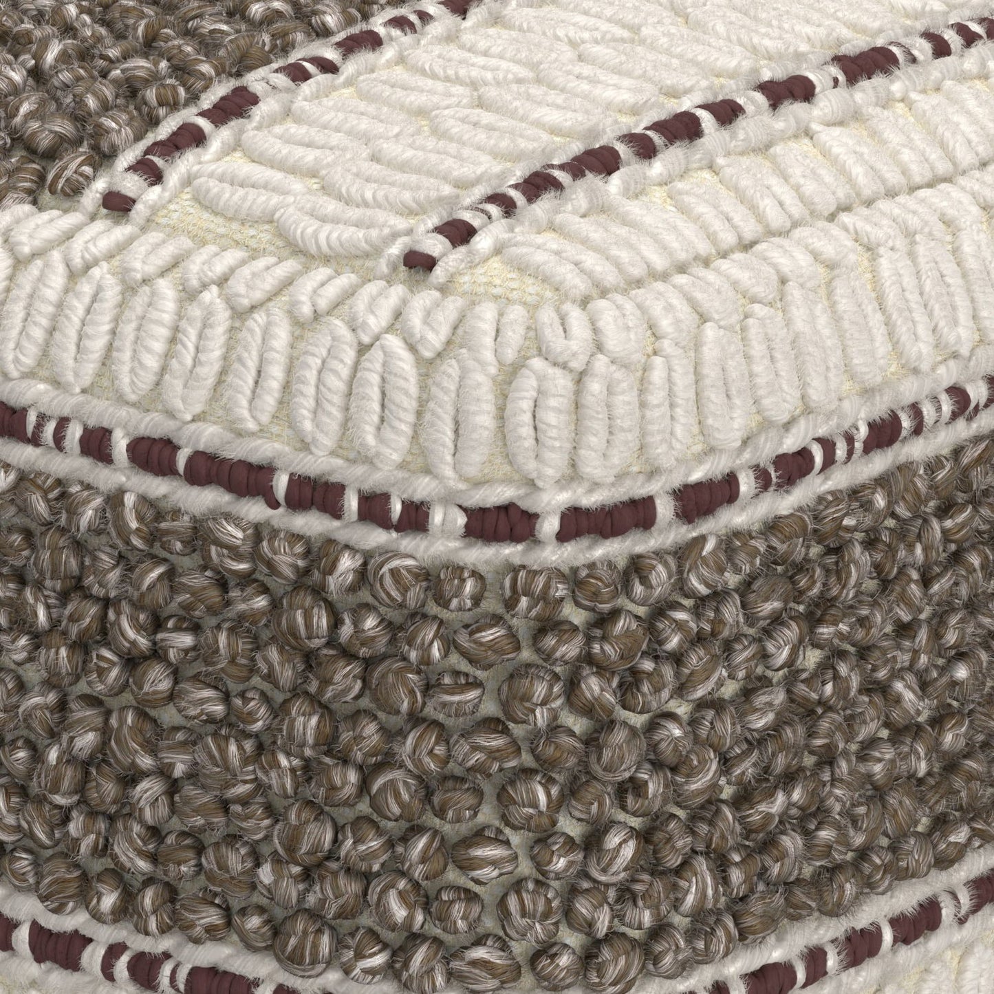 Close-up of the Grady - Handcrafted Square Pouf, showcasing cream and brown woven yarn loops with maroon accents. The corner highlights contrasting knit patterns and three-dimensional, textured details.
