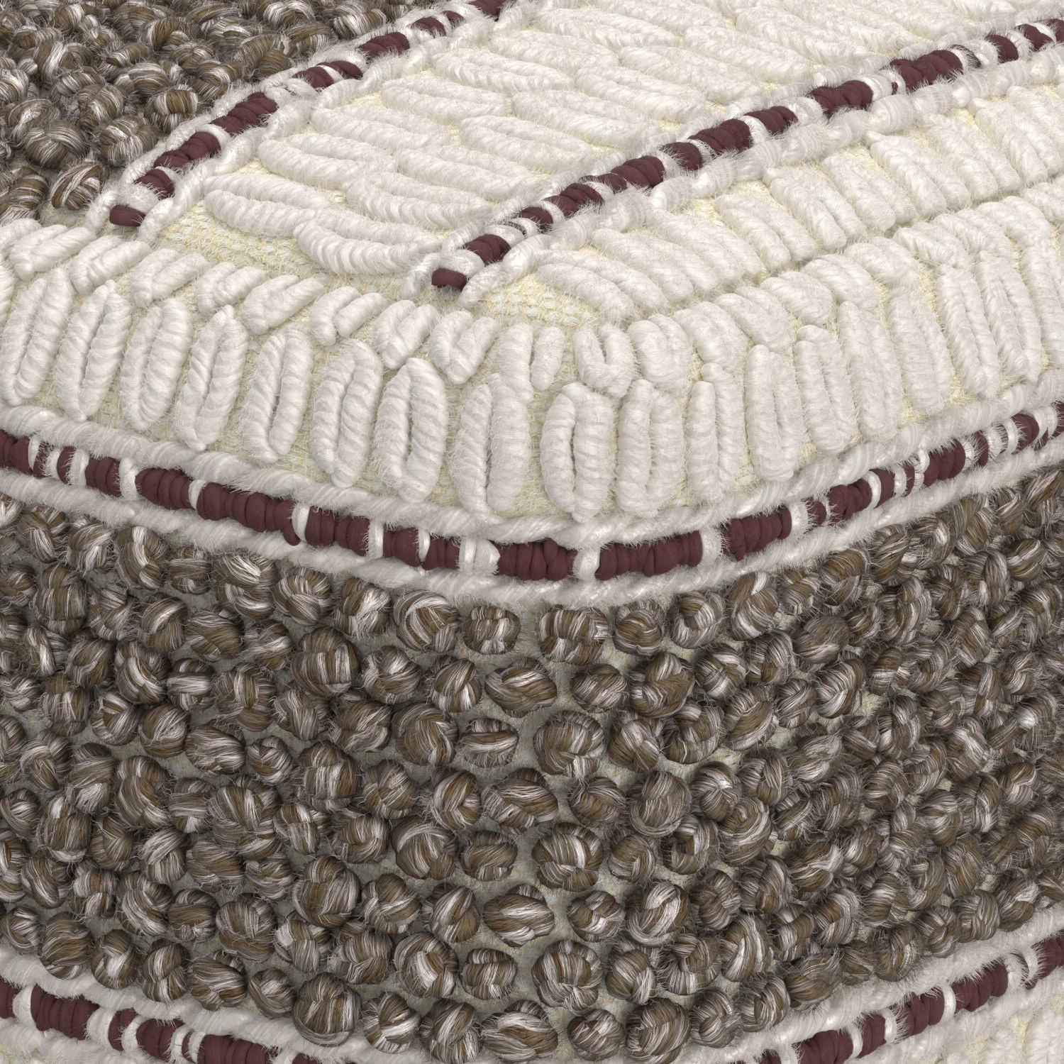Close-up of the Grady - Handcrafted Square Pouf, showcasing cream and brown woven yarn loops with maroon accents. The corner highlights contrasting knit patterns and three-dimensional, textured details.