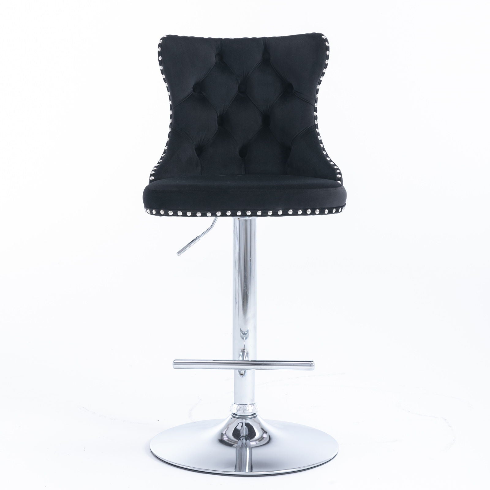 Set of 2 Swivel Velvet Barstools with comfortable tufted backs, adjustable seat height from 25-33", chrome base, and footrest. Modern upholstered design, perfect for home pub or kitchen island. Displayed against a plain white background.
