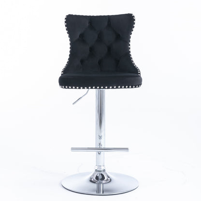 Set of 2 Swivel Velvet Barstools with comfortable tufted backs, adjustable seat height from 25-33", chrome base, and footrest. Modern upholstered design, perfect for home pub or kitchen island. Displayed against a plain white background.