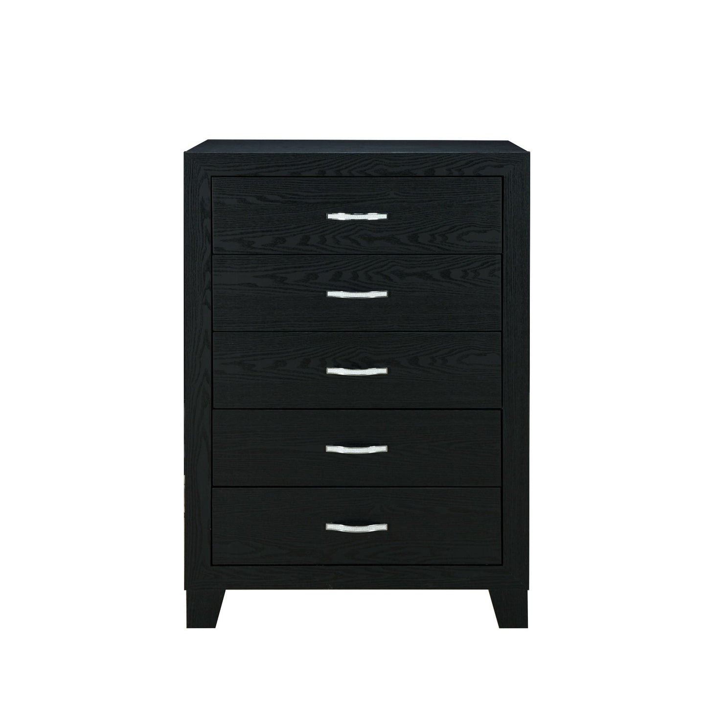 The Couch.com Carlos Chest features a durable black wood construction with ample storage, five drawers, and sleek silver handles. Its modern, minimal design stands out beautifully against a plain white background.