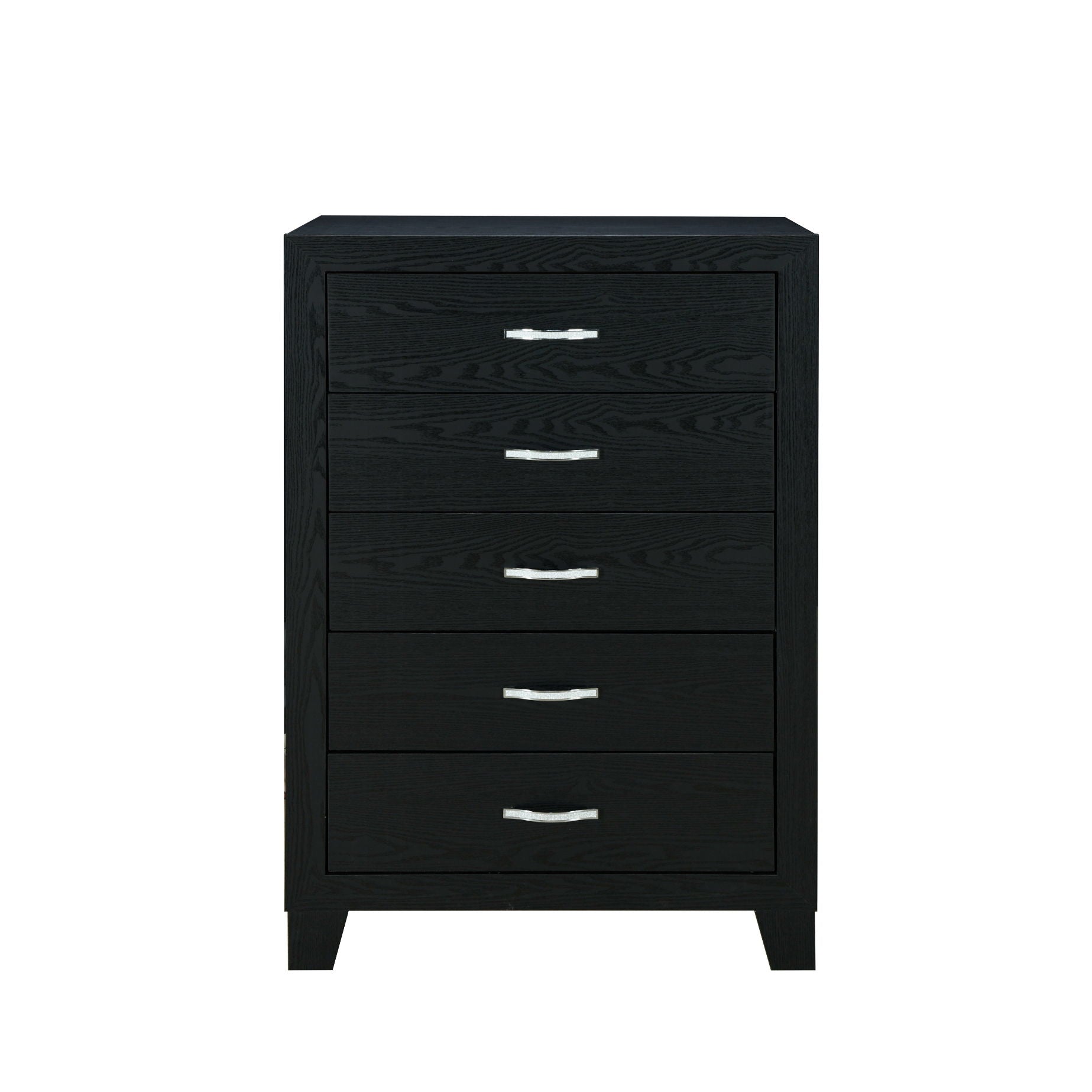 The Couch.com Carlos Chest features a durable black wood construction with ample storage, five drawers, and sleek silver handles. Its modern, minimal design stands out beautifully against a plain white background.