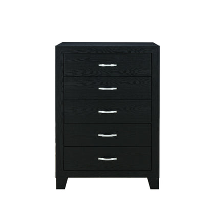 The Couch.com Carlos Chest features a durable black wood construction with ample storage, five drawers, and sleek silver handles. Its modern, minimal design stands out beautifully against a plain white background.