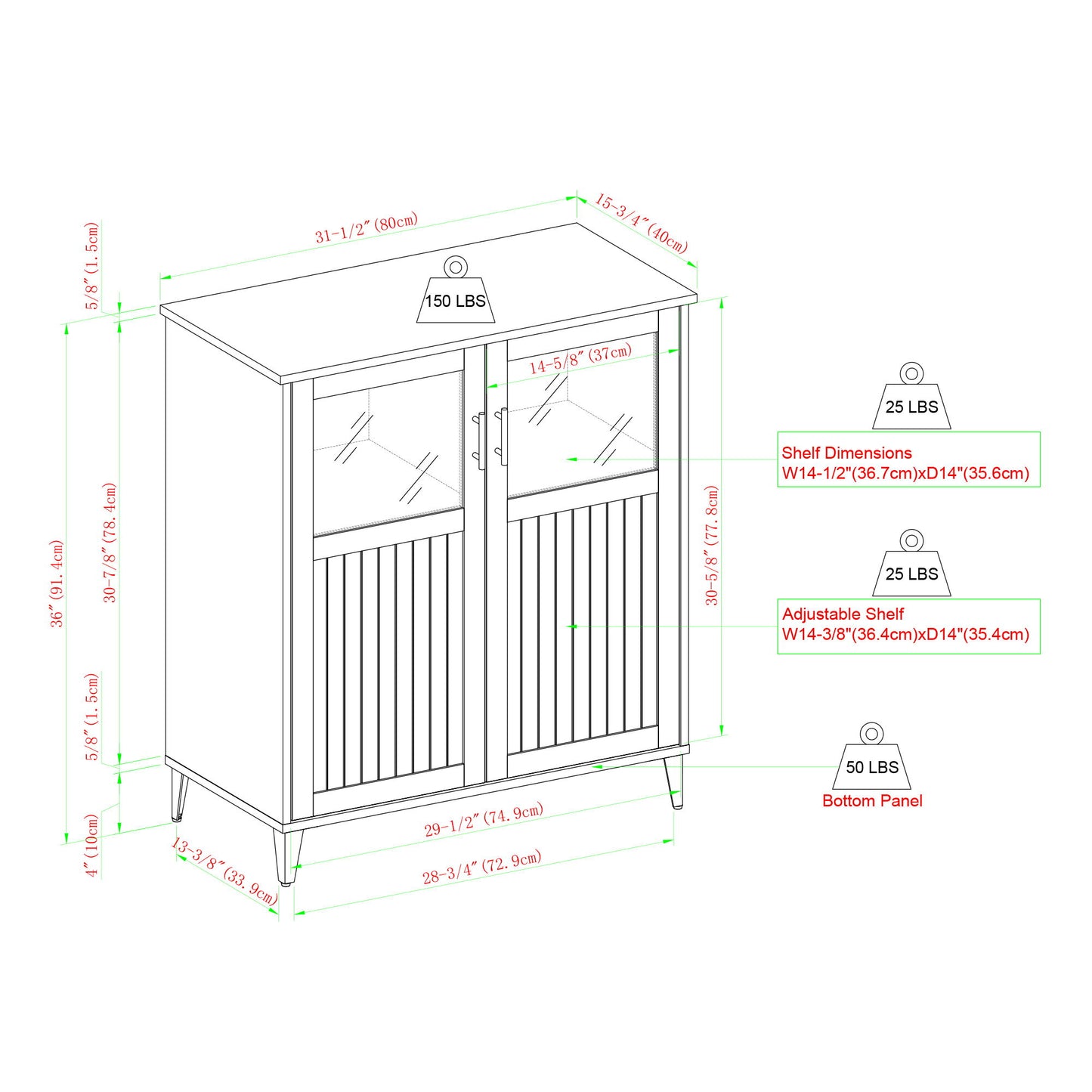 Line drawing of the Modern Grooved Door Accent Cabinet with two doors, internal shelves, slanted legs, and detailed dimensions. Weight limits for top, shelf, and bottom panel are marked alongside height, width, and depth measurements.