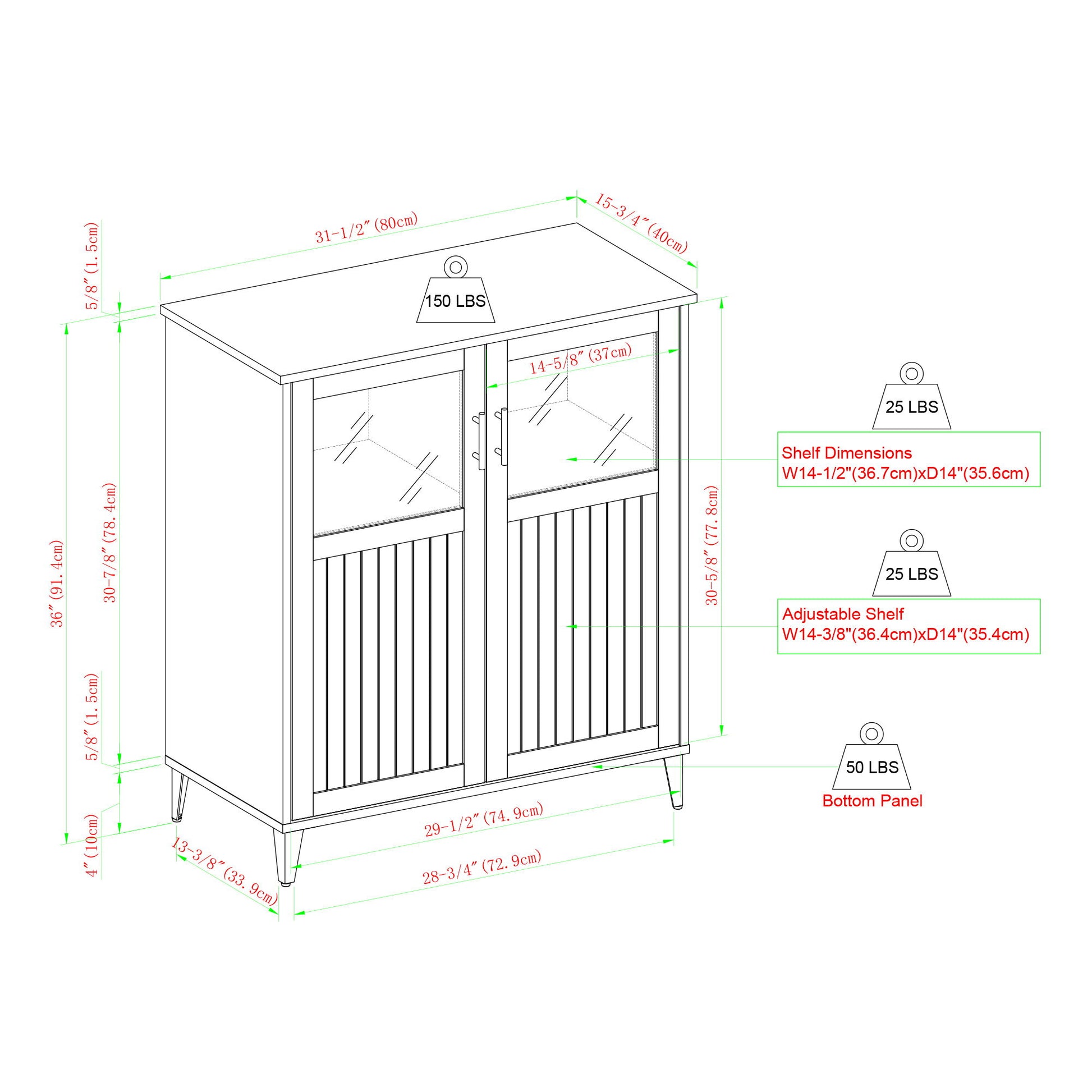 Line drawing of the Modern Grooved Door Accent Cabinet with two doors, internal shelves, slanted legs, and detailed dimensions. Weight limits for top, shelf, and bottom panel are marked alongside height, width, and depth measurements.