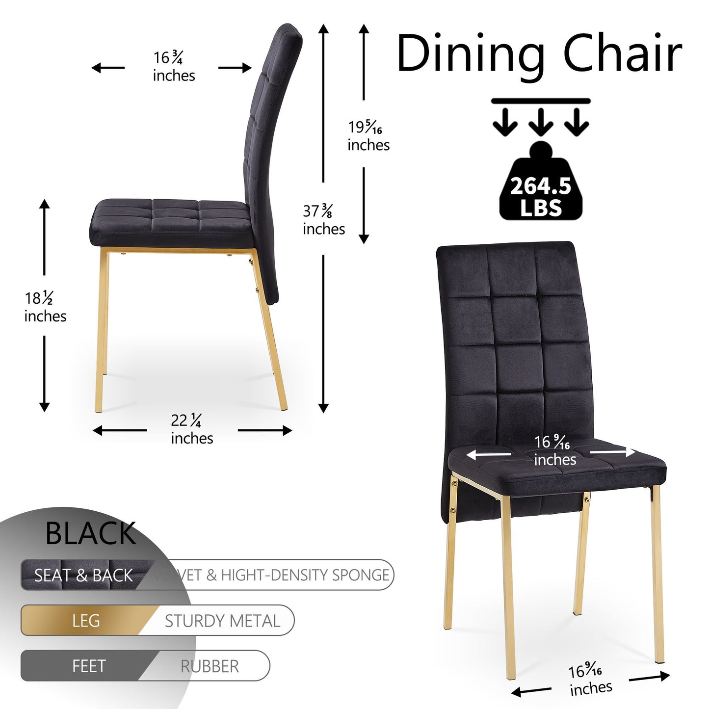 Two views of the Velvet High Back Nordic Dining Chair in black with gold metal legs. Features labeled: 16.5"x16.5" seat, 37" height, supports up to 264.5 lbs. Made of velvet, sponge, sturdy metal legs, and rubber feet.