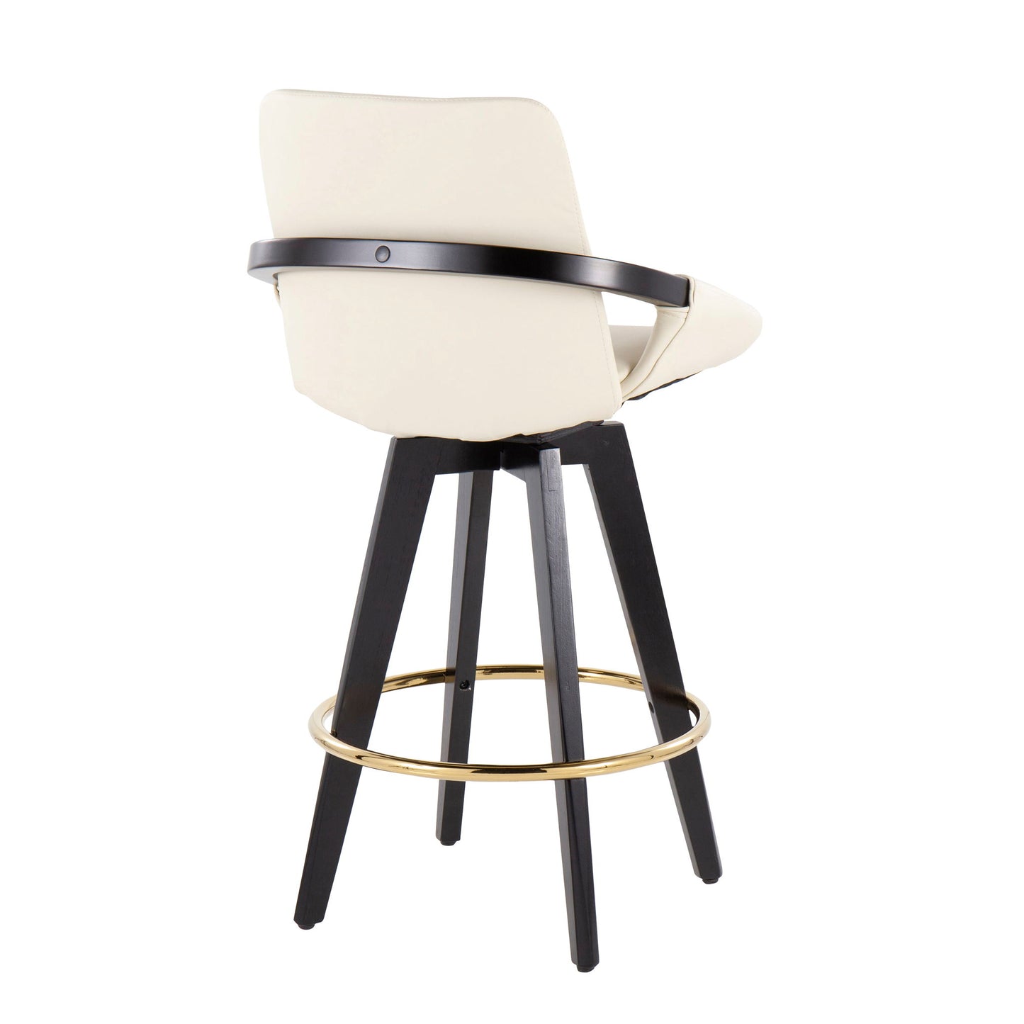 The Cosmo Contemporary Fixed Height Counter Stool, shown angled from the back, features a cream cushioned seat, black wooden legs, a gold metal round footrest, and a black accent ring on the backrest. Set of 2.