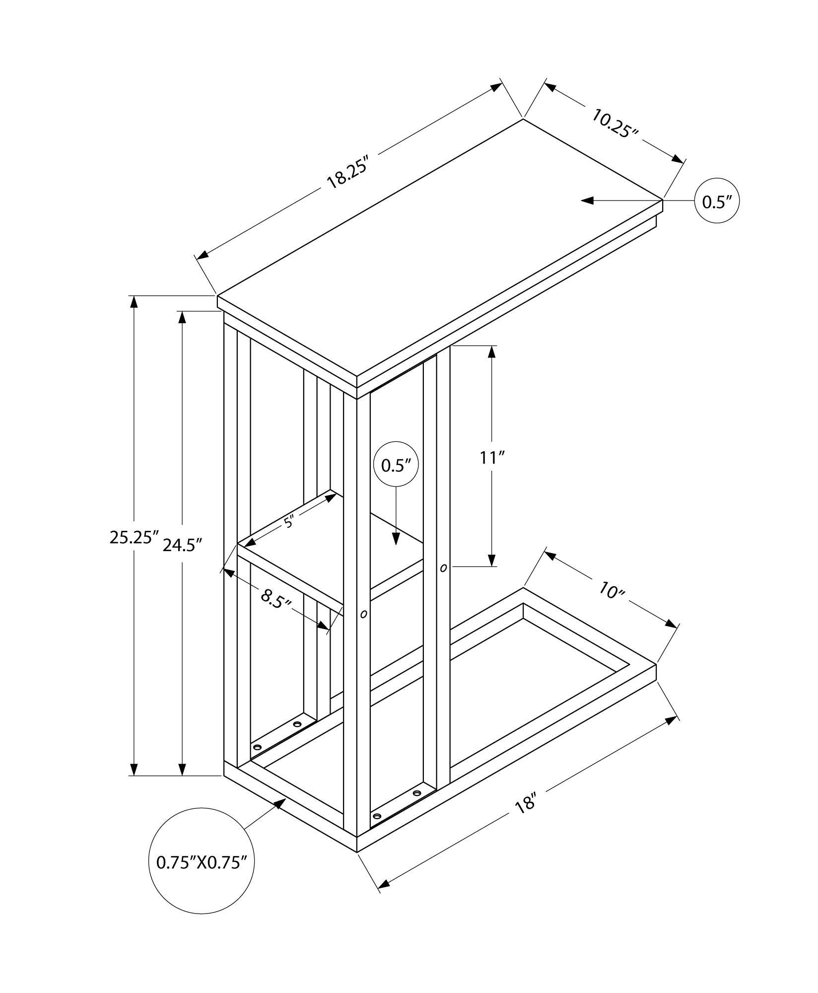 Isometric diagram of the Accent Table C-Shaped, Contemporary & Modern, with labeled dimensions: 25.25" height, 18.25" top length, 10.25" top width, and base frame measuring 18" x 8.5".