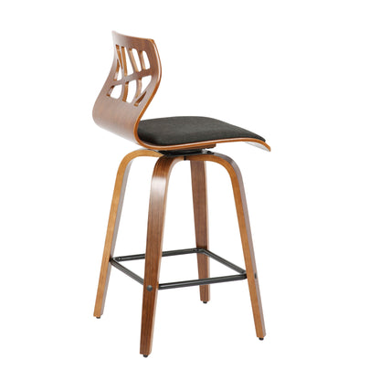 The Folia Mid Century Modern Fixed Height Counter Stool (Set of 2) features curved legs, an open-back design, a black cushioned seat, a metal footrest, and a stylish swivel function for contemporary spaces.