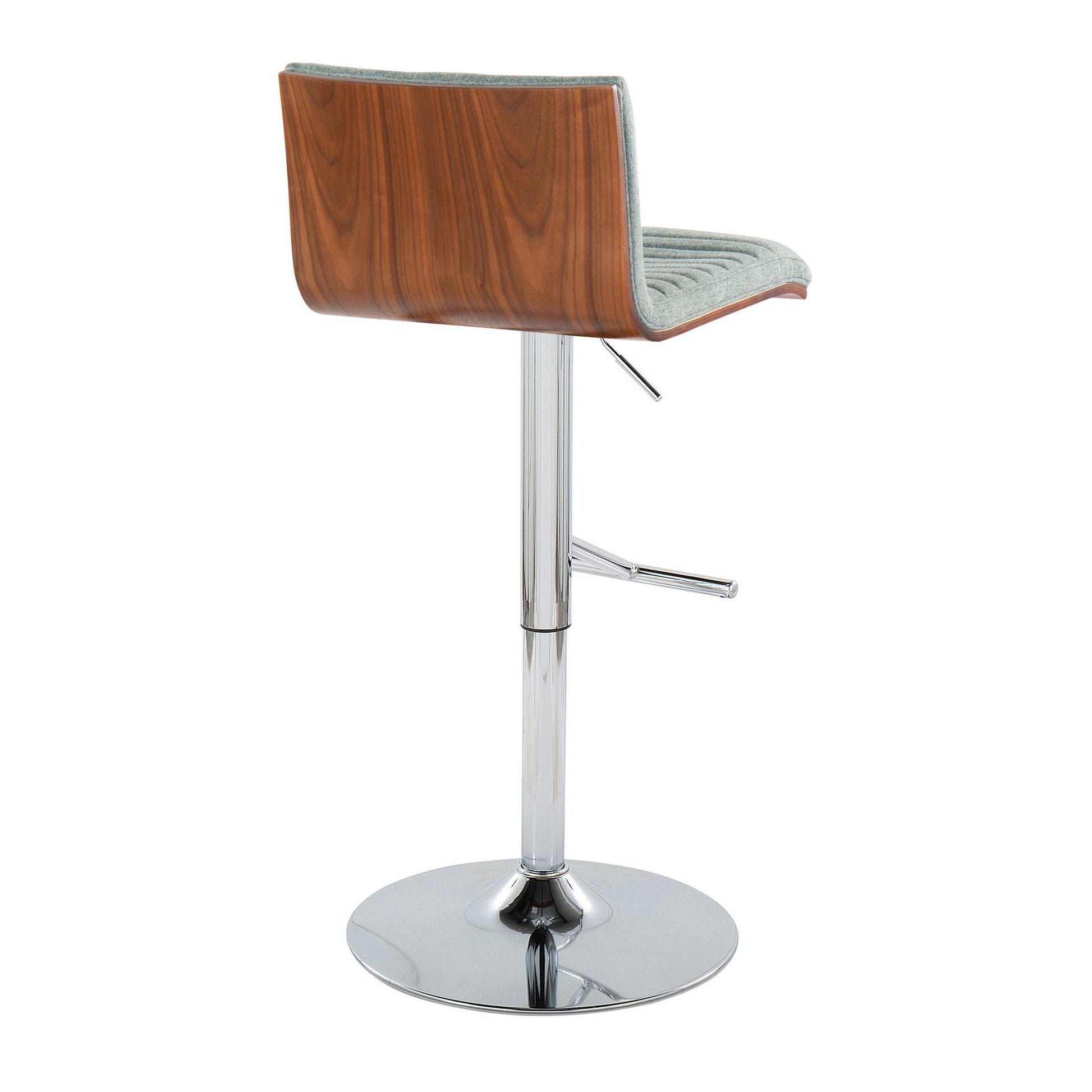 The Mason Contemporary Adjustable Barstool features a wooden backrest, light gray cushioned seat, chrome pedestal base, and straight T footrest with lever. Shown here from the back. Set of 2 swivel stools.